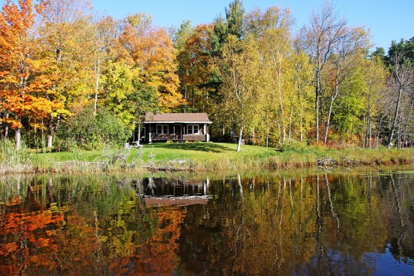 Log Cabin In Fall Woods by Deb Oppermann